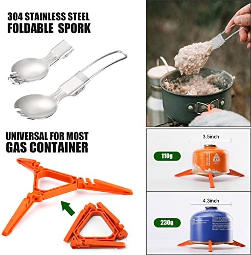 Odoland 8pcs Camping Cookware Mess Kit, Camping Pot and Pan Set with Mini Backpacking Stove, Stainless Steel Cup, Spork and Tank Bracket, Cooking Gear for Outdoor, Hiking, Picnic, Campfire
