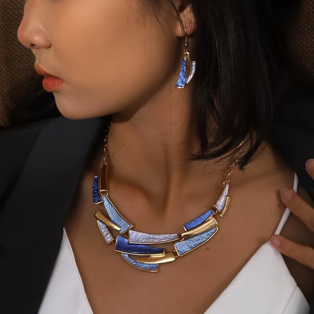 JWIGP Boho Geometric Statement Jewelry Set for Women, Blue Enamel Chunky Gold Necklace Earrings Retro Vintage Layered Chunky Collar Fashion Jewelry Gifts (Blue set)