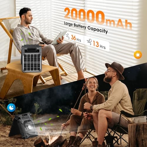 Solar Camping Fan with LED Lantern, 20000mAh Rechargeable Battery Powered with 10W Solar Panel and Emergency Power Bank, Quiet Battery Operated Tent Fan for Picnic, Barbecue, Fishing, Travel