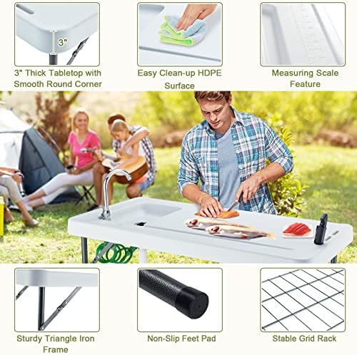 Folding Fish Cleaning Table Portable Camping Sink with Faucet Drainage Hose & Sprayer Outdoor Fillet Station Grid Rack Knife Groove for Picnic Fishing, Black