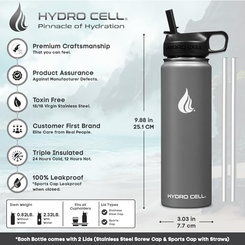 HYDRO CELL Stainless Steel Insulated Water Bottle with Straw - For Cold & Hot Drinks - Metal Vacuum Flask with Screw Cap and Modern Leakproof Sport Thermos for Adults (Graphite 24oz)