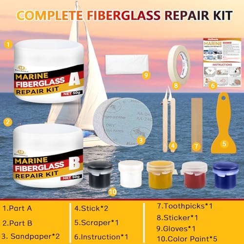 Marine Fiberglass Repair Kit for Boats, Gel Coat Repair Kit for Boats, Fiberglass Boat Repair Kit, Epoxy Filler for Boats, Fiberglass Kit Fix Holes Chips Pit Cracks (Color Match)
