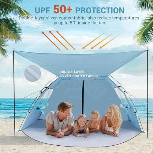 Elegear Beach Tent Sun Shelter with Canopy, 4-5 Person Pop Up Beach Tent, Easy Setup UPF 50+ UV Protection Portable Lightweight Double Silver Coating Beach Cabana Sun Shade Shelter - Sky Blue