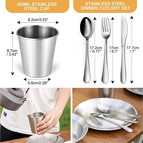 Odoland Camping Complete Messware Kit, Polished Stainless Steel Camp Dinnerware, Camping Cooking Tableware, Cutlery Organizer Utensil with Plates and Bowls Set for Backpacking, Hiking, Picnic