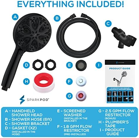 SparkPod 10-Mode Handheld Shower Head with Hose - 5" High Pressure Shower Head Set with Touch-to-Clean Nozzles, Built-In Power Jet, Stainless Steel 6ft Hose & Bracket (Midnight Black Matte)