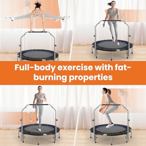 Sweetcrispy 40" in/48 in Mini Fitness Trampoline - 330LBS Foldable Exercise Rebounder with Adjustable Handle, Stable and Quiet, for Adults Indoor/Outdoor Workout