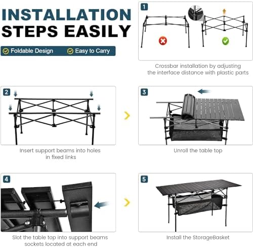 Lightweight Aluminum Folding Camping Table (47” x 21.65” x 26.7”), Portable Roll-Up Design for Outdoor, Camping, Beach, BBQ, Patio, and Picnic, Durable & Waterproof with Carrying Bag
