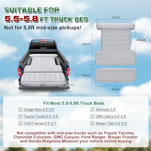 Tailgate Extendable Truck Bed Mattress with Built-in Pump, Heavy-Duty, Truck Bed Air Mattress for 5.5-5.8ft Full Size, Easy Setup, Large Carry Bag, Leak-Resistant Truck Mattress for Camping