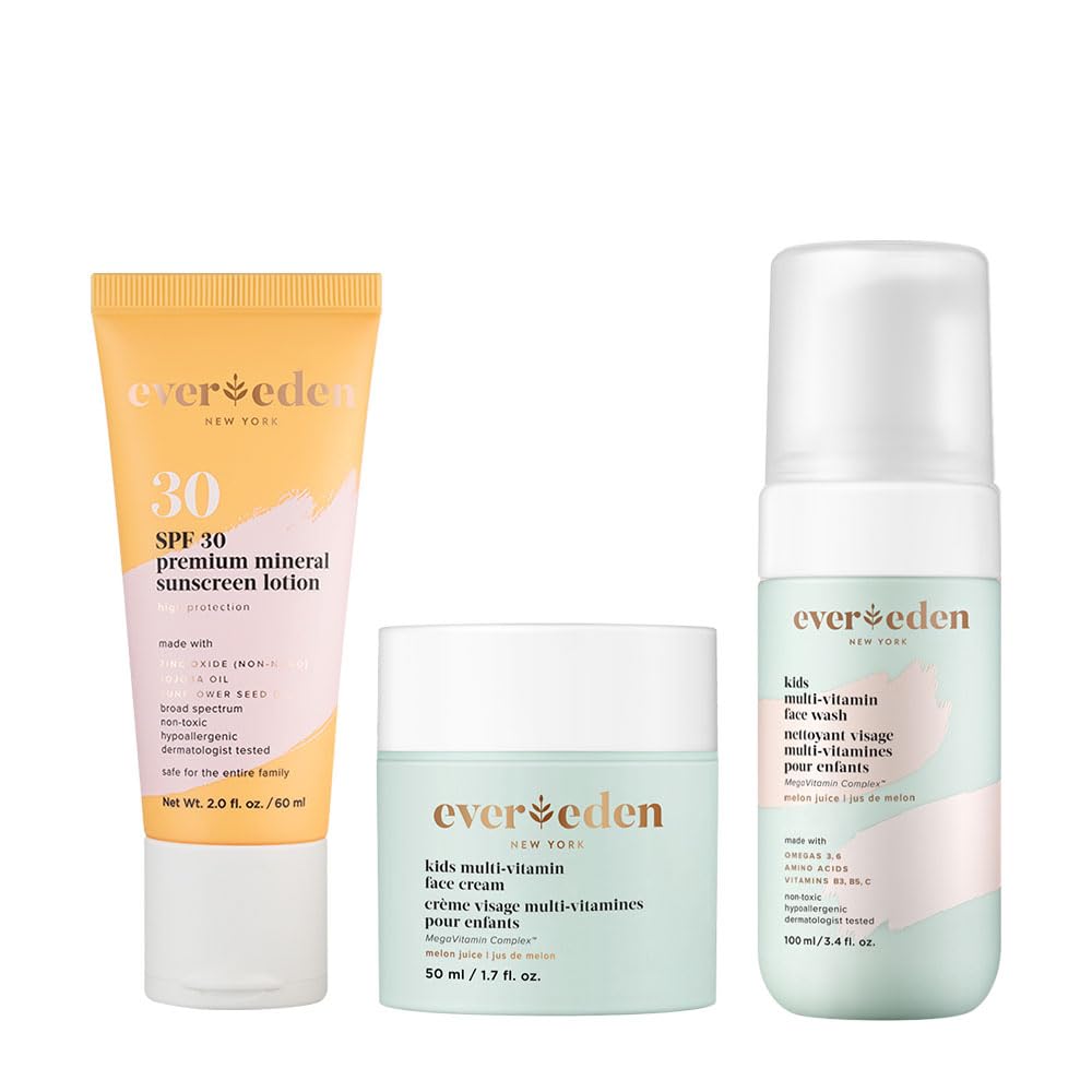 Evereden Kids Daily 1-2-3 Routine Bundle: Clean & Vegan Skin Care Set - Hydrating & Nourishing Tween Skincare Set with Multi-Vitamin Face Wash, Face Cream, Lotion, & SPF 30 Mineral Sunscreen (Melon)