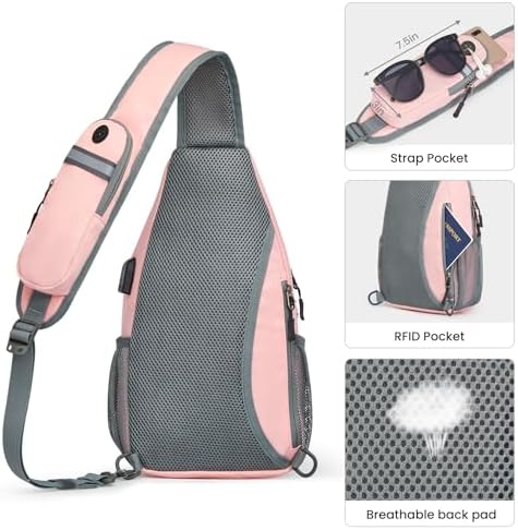 G4Free Sling Bag RFID Crossbody Sling Backpack with USB Charging Port, Travel Hiking Daypack Shoulder Chest Bag for Women Men(Pink)