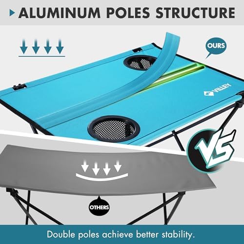 VILLEY Folding Camping Table, Lightweight Portable Beach Table with 2 Cup Holders & Carry Bag for Camping, Beach, Fishing, Travel, and Outdoor Activities (Small)