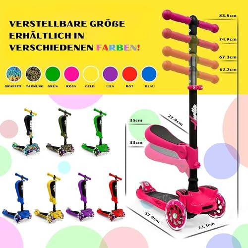 Hurtle 3-Wheeled Scooter for Kids - Wheel LED Lights, Adjustable Lean-to-Steer Handlebar, and Foldable Seat - Sit or Stand Ride with Brake for Boys and Girls Ages 1-14 Years Old