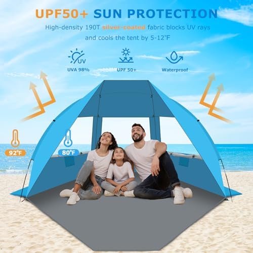Gorich Portable Beach Tent for 3-6 Person with UPF 50+ UV Protection, Lightweight & Foldable Sun Shelter with 5 Sand Bags, Easy Setup Windproof Beach Umbrella Sun Shade