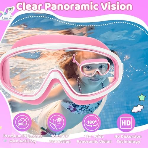 Vvinca Kids Swim Goggles for Age 2-8, Toddler-Goggles with Fabric Strap No Leak Pain-Free, Anti-Fog Goggles for Girls Boys