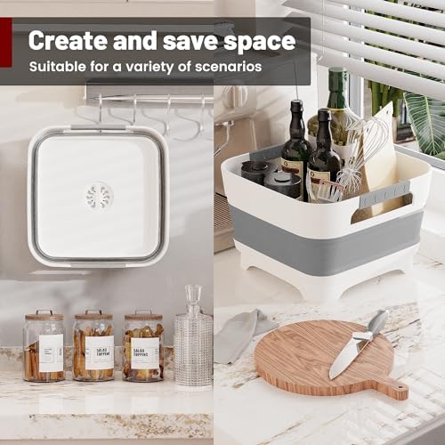 2.4 Gal Collapsbile Wash Basin with Drian Plug,9L Dish Pan for Soaking Baby Bottles,Portable Sink, Multiuse Foldable Bucket,Ice Beverage Tubs for Camping, Vegetable Washing, RV (Gray)