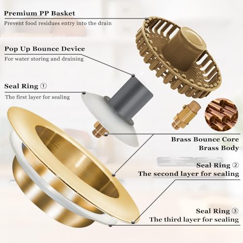 3 in 1 Kitchen Sink Stopper, Pop Up Kitchen Sink Drain Strainer, with an Extra Basket Strainer, Kitchen Sink Drain Stopper for US Standard 3-1/2 Inch, Brass Material Electroplate Gold