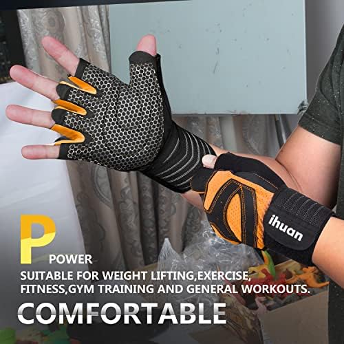 ihuan Ventilated Weight Lifting Gym Workout Gloves with Wrist Wrap Support for Men & Women, Full Palm Protection, for Weightlifting, Training, Fitness, Hanging, Pull ups