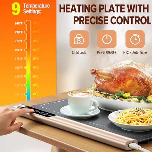 Warming Mat for Food Extra Large 36"x16", 500W Food Warming Mats for Countertop, Food Warmer Trays Chafing Dishes for Buffets Party, 9-Level Temp 12H Timer, Child Lock, Gatherings Portable