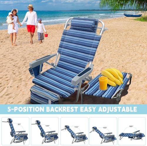 Backpack Beach Chair Aluminum 2 Pack with Folding Camping Table 5-Position Lay Flat Lounge Chair Outdoor for Adults with Insulated Cooler Bag and Cup Holder