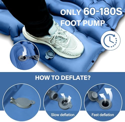 Double Sleeping Pad for Camping- Self Inflating 4"" Extra-Thick with Pillow Built-in Foot Pump Inflatable Sleeping Mat for Backpacking, Hiking, Traveling, Tent