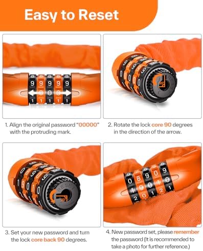 Sportneer Bike Lock: 5 Digit Combination High Security Anti Theft Bike Chain Lock - 3.2/3.6/4ft Heavy Duty Keyless Bicycle Lock for Bike, Motorcycle, Scooter, Door & Gate - 4/6mm Thick, Easy to Use