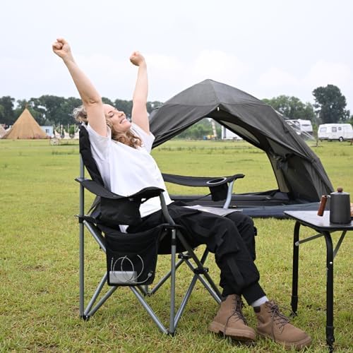 KingCamp Oversized Camping Folding Chair with Lumbar Support, Heavy Duty Ergonomic Padded Arm Chair with Cooler Bag, Cup Holder, Portable for Outdoor