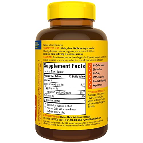 Nature Made Chewable L Theanine 200mg, L-Theanine Supplement for Stress Relief, 50 Chewable Tablets, 50 Day Supply