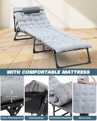 Sportneer Sleeping Cots for Adults: 5-Angle Adjustable Folding Bed with Thick Mattress - 450lbs Max Load Padded Camping Cot with Easy Setup & Takedown for Outdoor Travel Sleep Over, Size 76''x27''