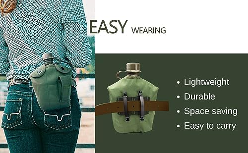 BeGrit Military Canteen Army Canteen WWII US G.I. Style Canteen Kit with Aluminum Cup Stainless Steel Foldable Spoon Fork for Hiking Backpacking Camping, 1 Quart Green