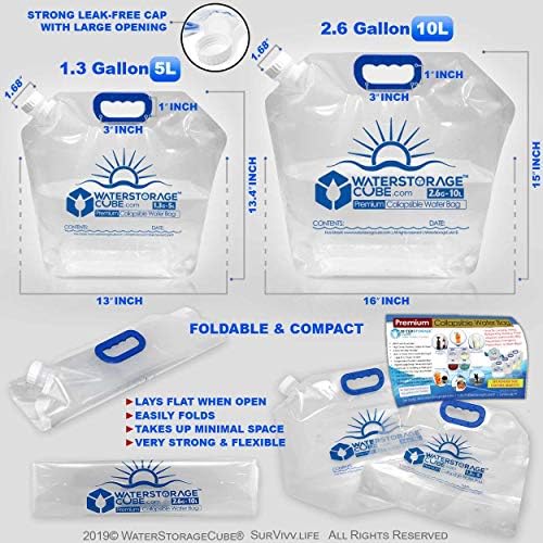 WaterStorageCube Premium Collapsible Water Container Bag, BPA Free Food Grade Clear Plastic Storage Jug for Camping Hiking Backpack Emergency, No-Leak Freezable Foldable Water Bottle 1.3/2.6 Gallon