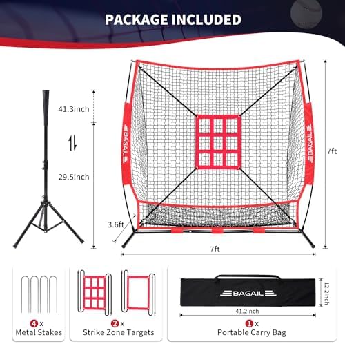 BAGAIL 7x7 ft Baseball & Softball Practice Net with Bow Frame for Batting, Hitting, Pitching, Portable Baseball Throwing Net with 2 Strike Zone Batting Tee, Carry Bag, Great for All Levels