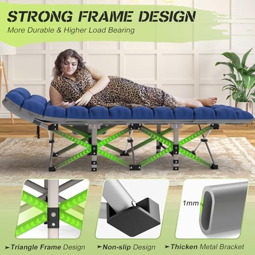 Suteck Camping Cot, Folding Camping Cot Bed for Adults Sleeping 1200D Double Layer Oxford Portable Folding Outdoor Cots for Camping W/Soft Pad Carry Bag for Home Office Nap Beach Travel, Stripe Blue