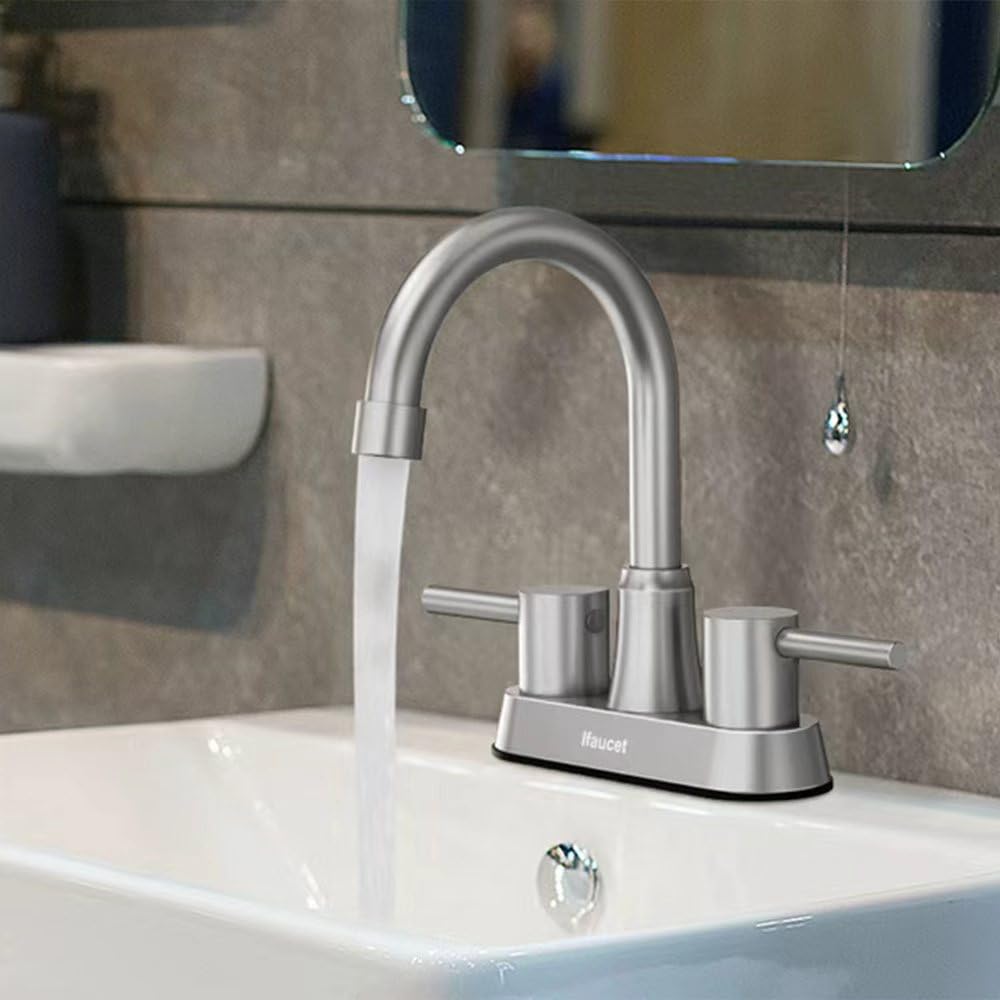 Bathroom Faucets, Bathroom Faucet 3 Hole, Bathroom Sink Faucet, Faucet for Sink 4 Inch 2 Handle Centerset, Lead-Free, with Copper Pop Up Drain (Brushed Nickel)