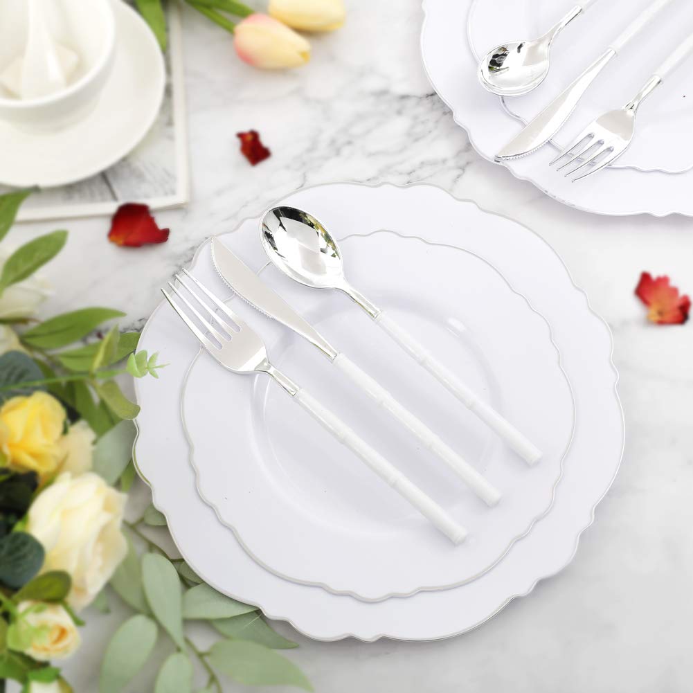 WDF 60pcs Silver Plastic Plates-Baroque White &Silver Plates for Upscale Parties &Wedding-including 30Plastic Dinner Plate 10.25inch, 30 Salad Plate 7.5inch for Christmas