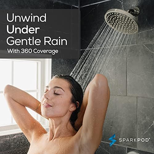 SparkPod Shower Head - High Pressure Rain - Premium Quality Luxury Design - 1-Min Install - Easy Clean Adjustable Replacement for Your Bathroom Shower Heads (Elegant Brushed Nickel, 8 Inch Round)