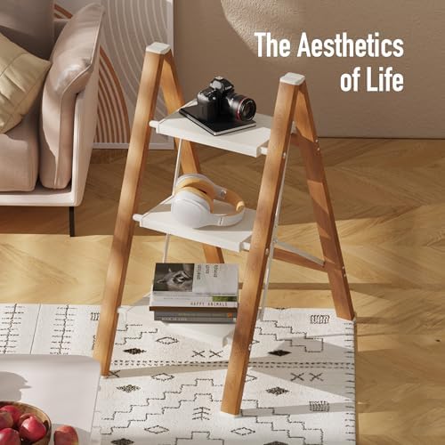 3 Step Lightweight Aluminum Folding Ladder, Portable Step Stool with Wide Anti-Slip Pedals, 330 lbs Capacity for Home,Cleaning Tasks(White&Woodgrain)