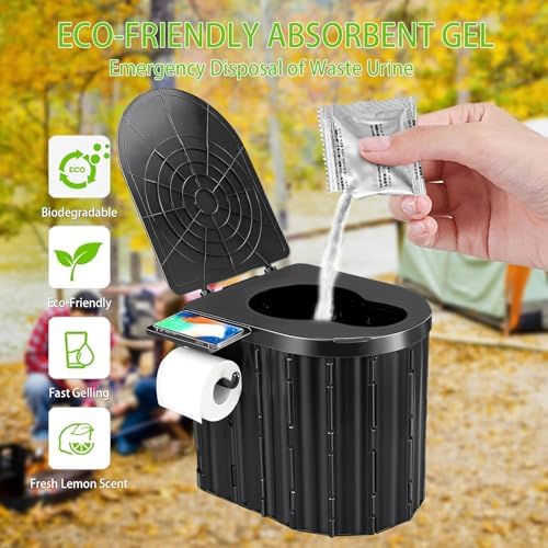 Portable Toilet with Bio-Gel Waste Solidifier & Odorless Disposal Bags, Camping Toilet Ergonomic Design for Outdoor Sanitation (Kids to Adults)