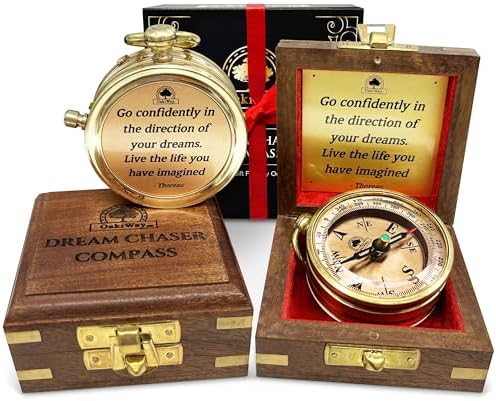 The Dream Chaser Compass in Wooden Box - 2025 Graduation Gifts for Him, College, High School, Birthday Gift Idea for Son, Boys, Daughter - Greeting Card Included, Inspirational, Motivational Present