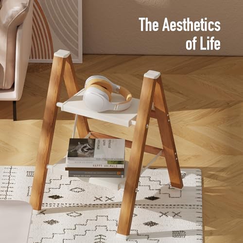 2 Step Lightweight Aluminum Folding Ladder, Portable Step Stool with Anti-Slip Pedals, 330 lbs Capacity for Home, Office, Kitchen(White&Woodgrain)