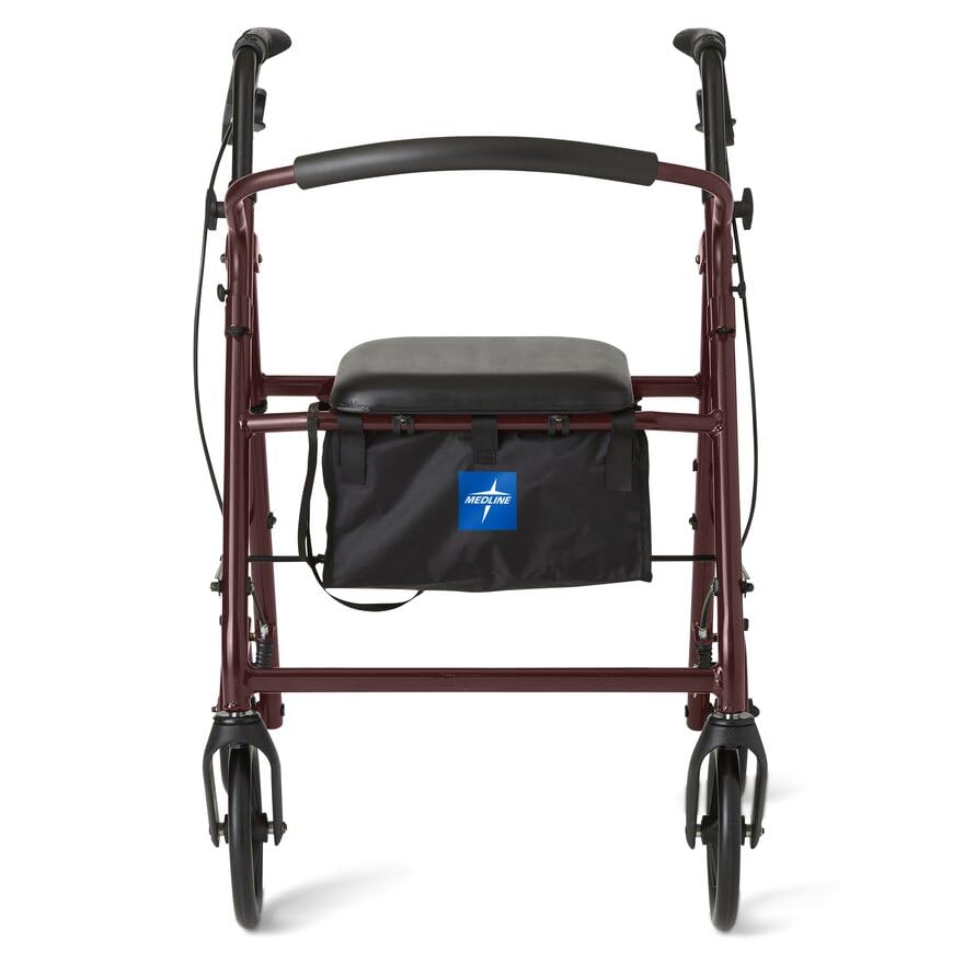 Medline Lightweight Aluminum Rollator Walker for Adult Mobility Impairment, Burgundy, 300 lb. Weight Capacity, 8" Wheels, Foldable, Adjustable Handles, Walker for Seniors