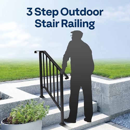 VIVOHOME 2-Pack Wrought Iron Hand Rails for Outdoor Steps β 27.1" Curved Ends and Safety Balusters Exterior Railing Kit for Porch, Deck, or Indoor Stairs (3-Step, Black)