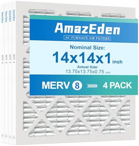 14x14x1 Air Filter MERV 8 (4-Pack) MPR 600 FPR 5 HVAC AC Pleated Filters Furnace Filters Dust Defense Replacement for Home Office (Actual Size: 13.75x13.75x0.75 Inches)