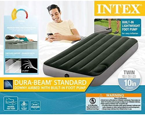 Intex 64761E Dura-Beam Standard Downy Air Mattress: Fiber-Tech – Twin Size – Built-in Foot Pump – 10in Bed Height – 300lb Weight Capacity