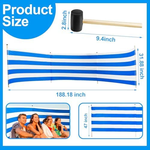 Blue White Beach Wind Screen Beach Wind Blocker Beach Barrier with Wooded Poles Mallet and Bag for Outdoor Summer Beach Vacation