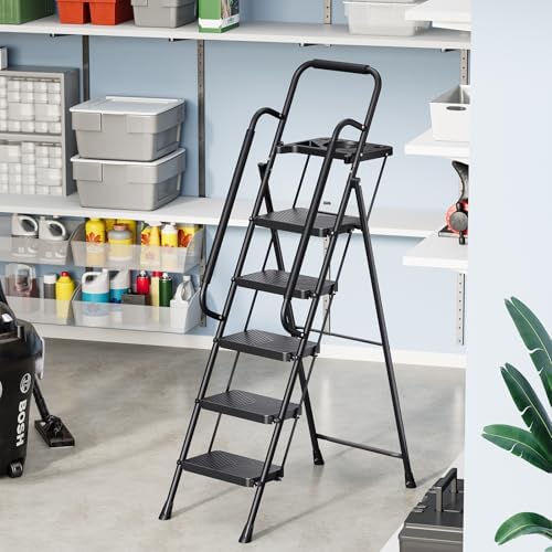 KINGRACK Folding 5 Step Ladder, Portable Ladder for Multi-Purpose, Home, Kitchen, Heavy Sturdy Steel Step Stool with Anti-Slip Wide Pedals, Handrail, Safe-Lock Design, Pass 500lbs Load Testing, Black