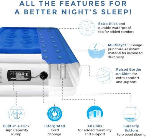 SoundAsleep Dream Series Luxury Air Mattress with ComfortCoil Technology & Built-in High Capacity Pump for Home & Camping- Double Height, Adjustable, Inflatable Blow Up, Portable - Twin XL Size