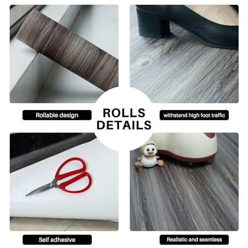 Wood Grain Peel and Stick Floor Tiles – 11.8” Width, Full Roll Length of 118" – Versatile Design for Any Space, Self Adhesive Vinyl Flooring, Waterproof and Non-Slip Features