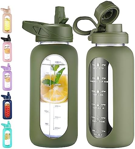 CIVAGO 32 oz Glass Water Bottle with Straw and Handle, Large Sports Motivational Water Bottle Flask with Time Marker, Leakproof Water Jug Canteen with Silicone Sleeve for Gym,Army Green