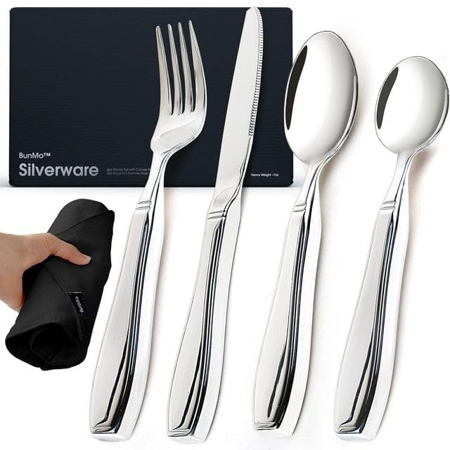 BUNMO Utensils for Elderly, Arthritis, Weak Hand Grip & Handicapped - Convenient Travel Pouch - for Tremors and Parkinsons Patients - Stainless Steel - Eat Independently - Weighted 4 Piece Set