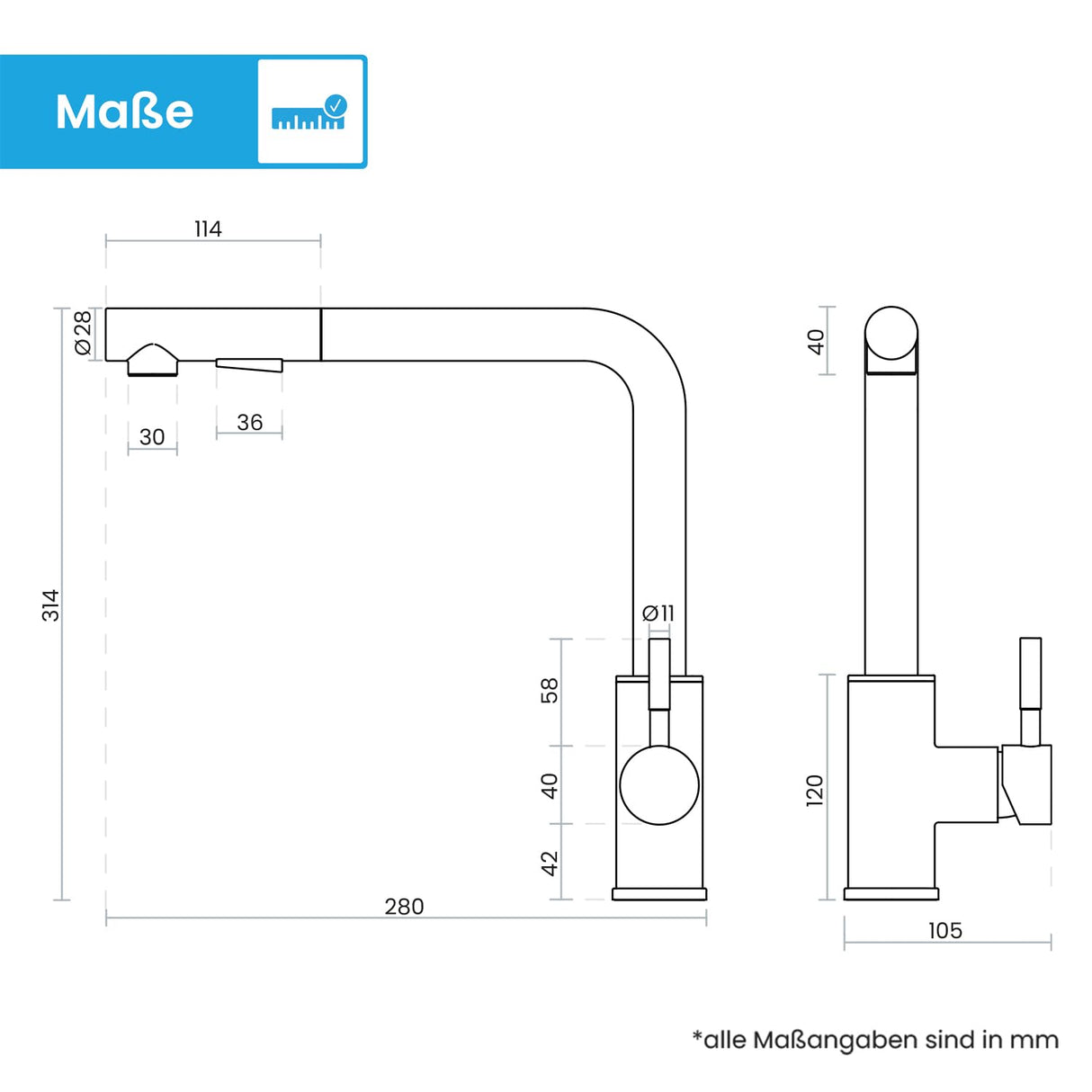 Bächlein 360 Degree Rotating Kitchen Mixer (Matte Black) - Stainless Steel Single Lever Sink Mixer with Extendable Hose and Switch Shower, Water Faucet